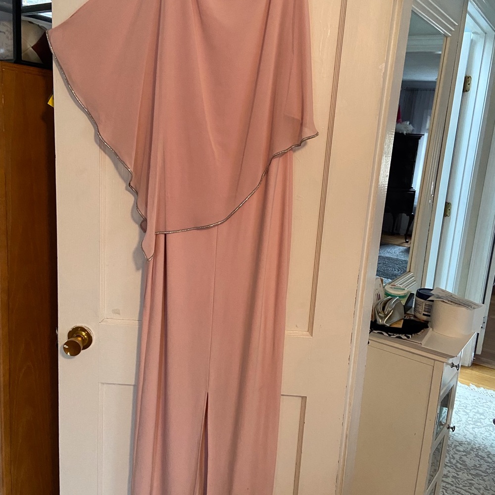 Long light pink asymmetrical gown attached cape